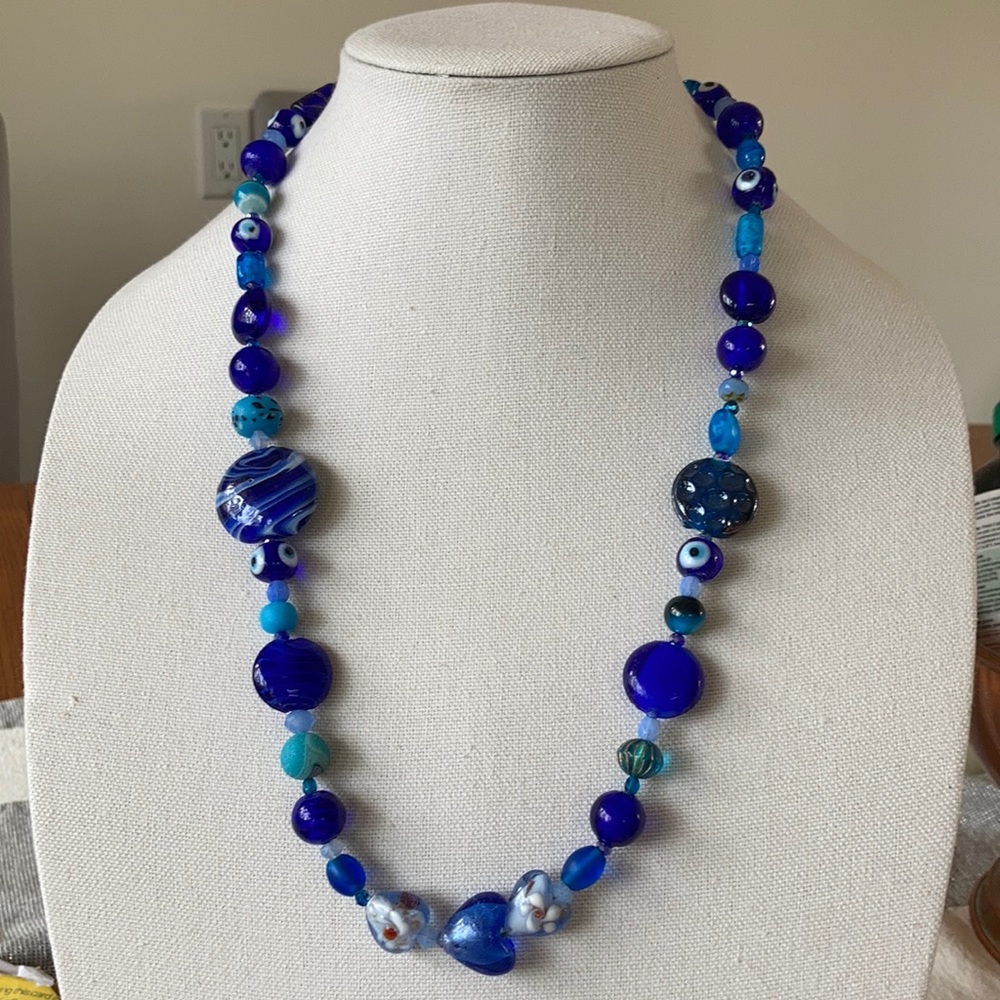 Blue Lampwork Glass & Swarovski Crystal Long Necklace from Laura Hansen …